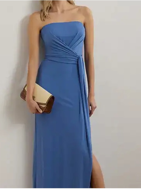Nwt Lauren Ralph Lauren Pleated Jersey Periwinkle Blue Strapless Side-Slit Gown